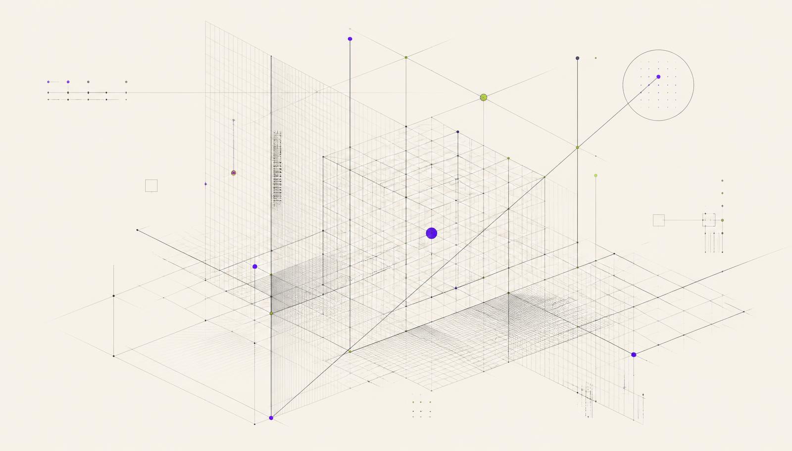 Abstract line drawing of intersecting wireframe grid planes with violet and lime accent nodes on an ivory background