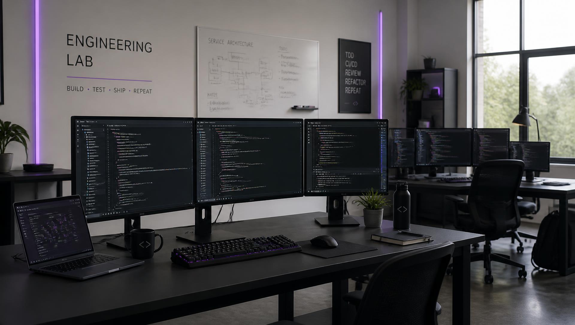 Engineering workspace with three monitors displaying source code and a whiteboard covered in service architecture diagrams