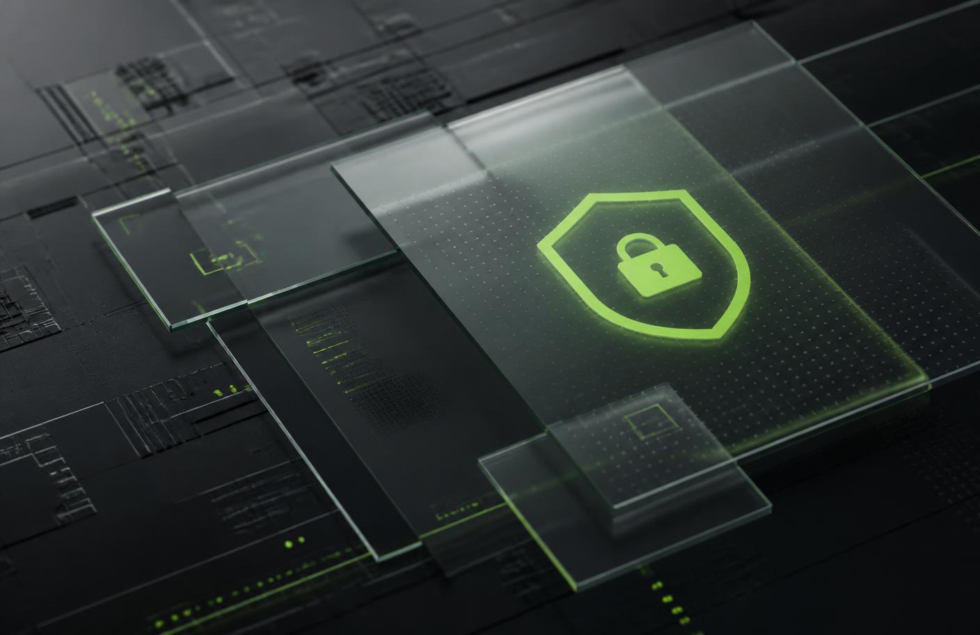 Abstract illustration of layered translucent panels over a dark circuit surface with a glowing lock symbol