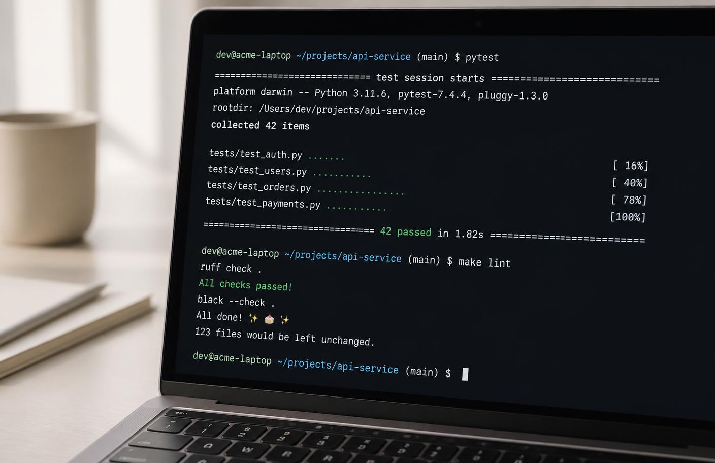 Laptop screen showing a terminal with a passing automated test run and linting output